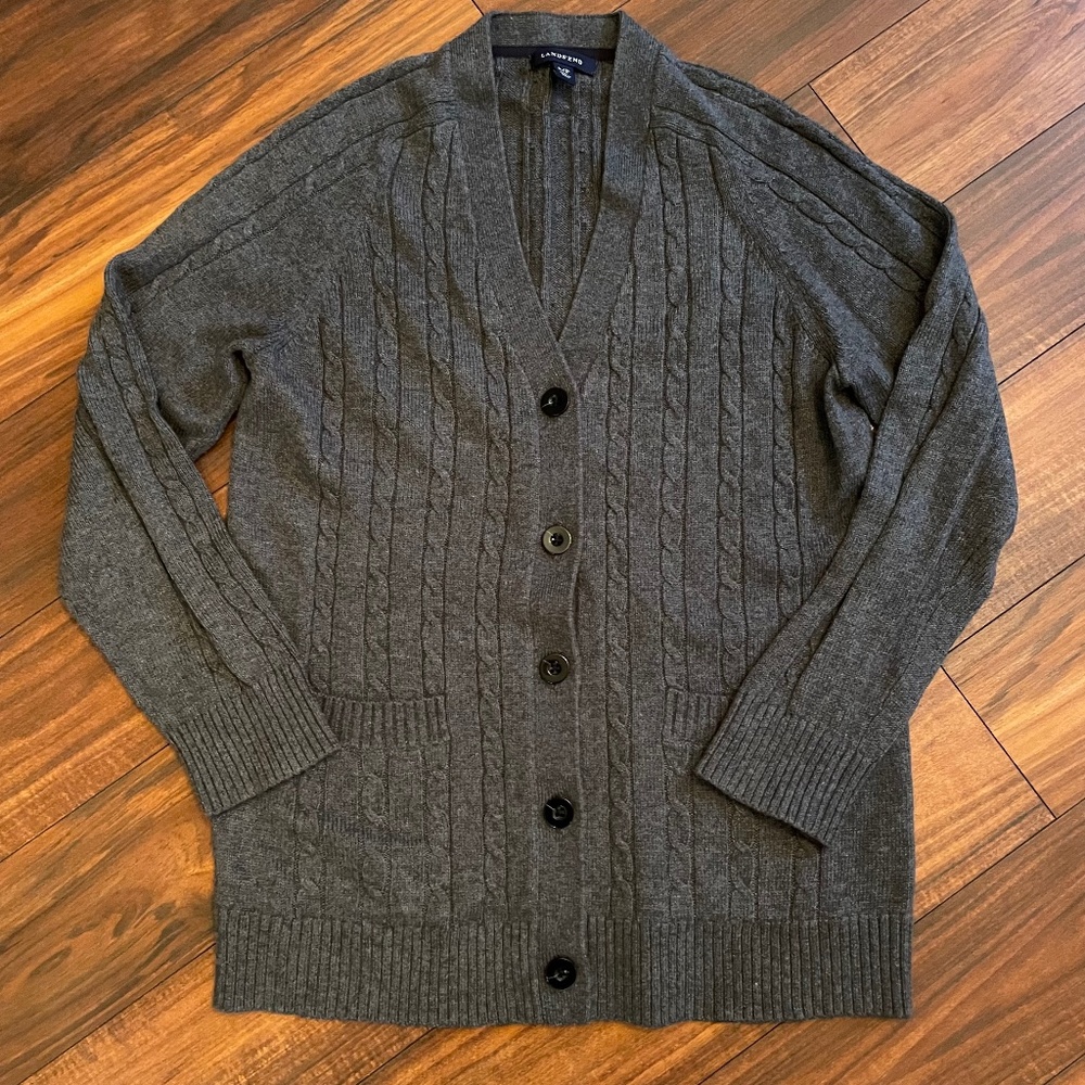 Lands' End Gray Ribbed Cardigan Cotton Wool Small Sweater